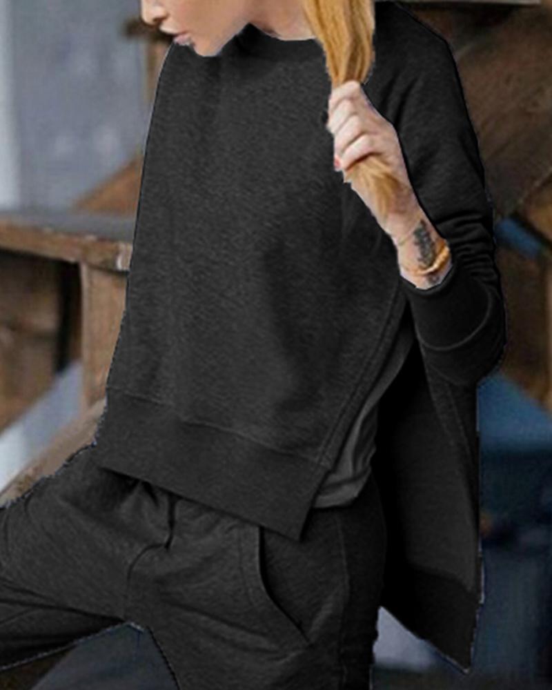 

Slit Long Sleeve Top & Pockets Pants Set, Black