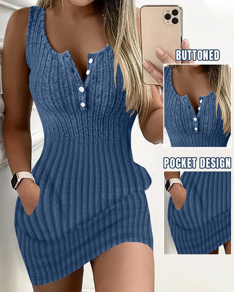 

Pocket Design Ribbed Tank Dress Sleeveless Button Front Pullover Bodycon Mini Dresses, Blue