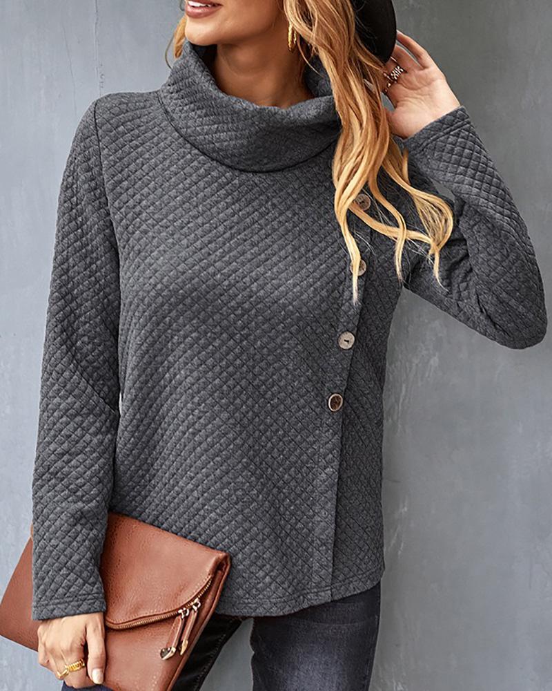 

Button Decor High Neck Long Sleeve Sweater, Gray