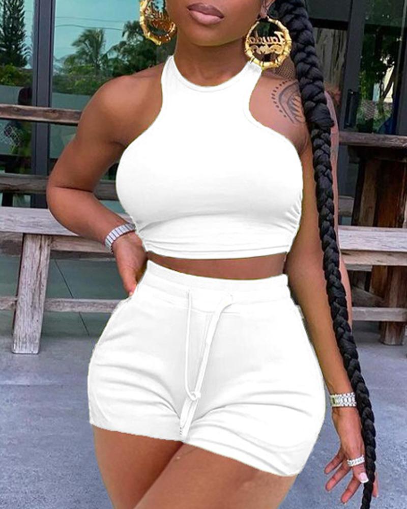 

O-Neck Sleeveless Crop Top & Drawstring Shorts Set, White