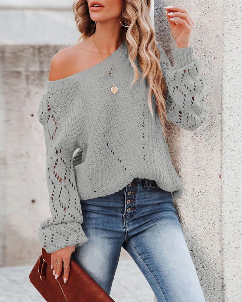 

Long Sleeve Pointelle Knit Sweater, Gray