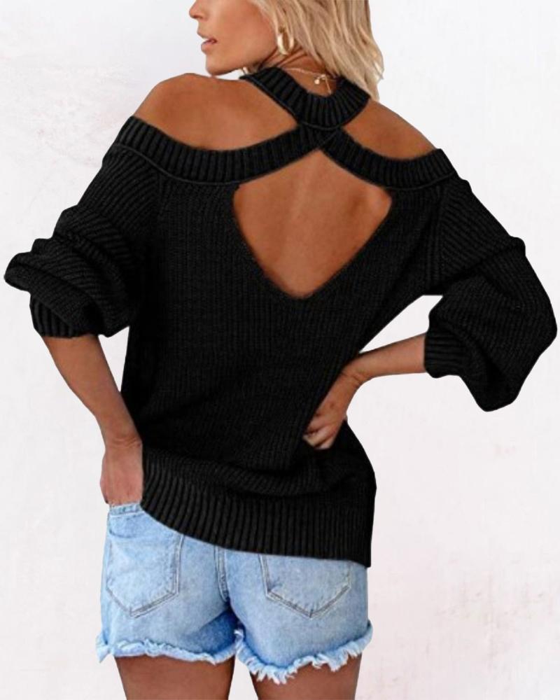 

Cold Shoulder Open Back Chunky Knit Sweater, Black