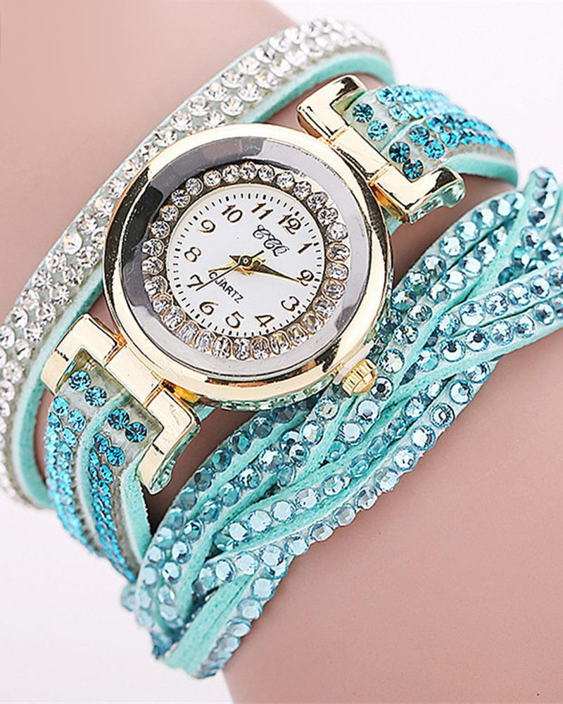 

1pc Allover Rhinestone Braided Bangle Quartz Watch, Light green