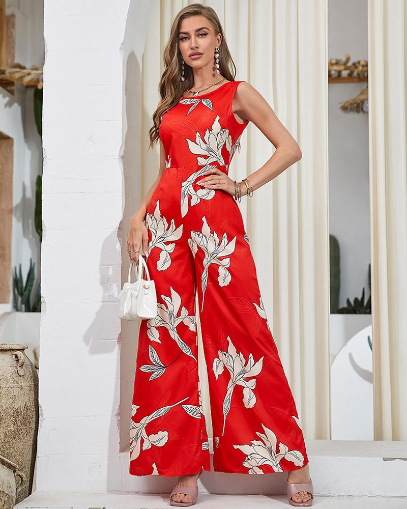 

Plants Print Backless Wide Leg Jumpsuit, Red