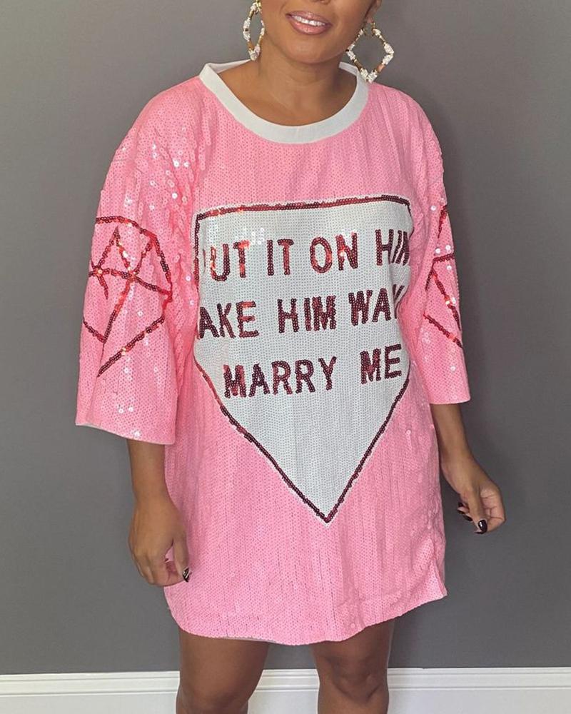 

Graphic Letter Pattern Sequin Dress, Pink