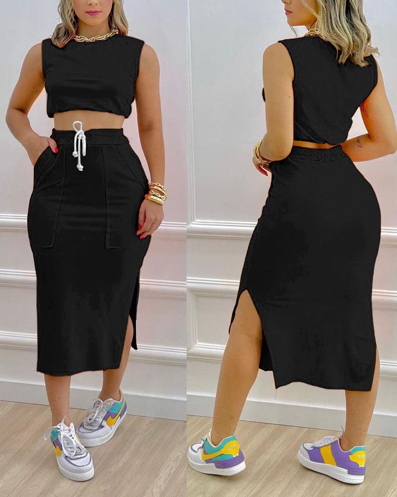 

Crop Tank Top & Split Hem Drawstring Skirt Set, Black