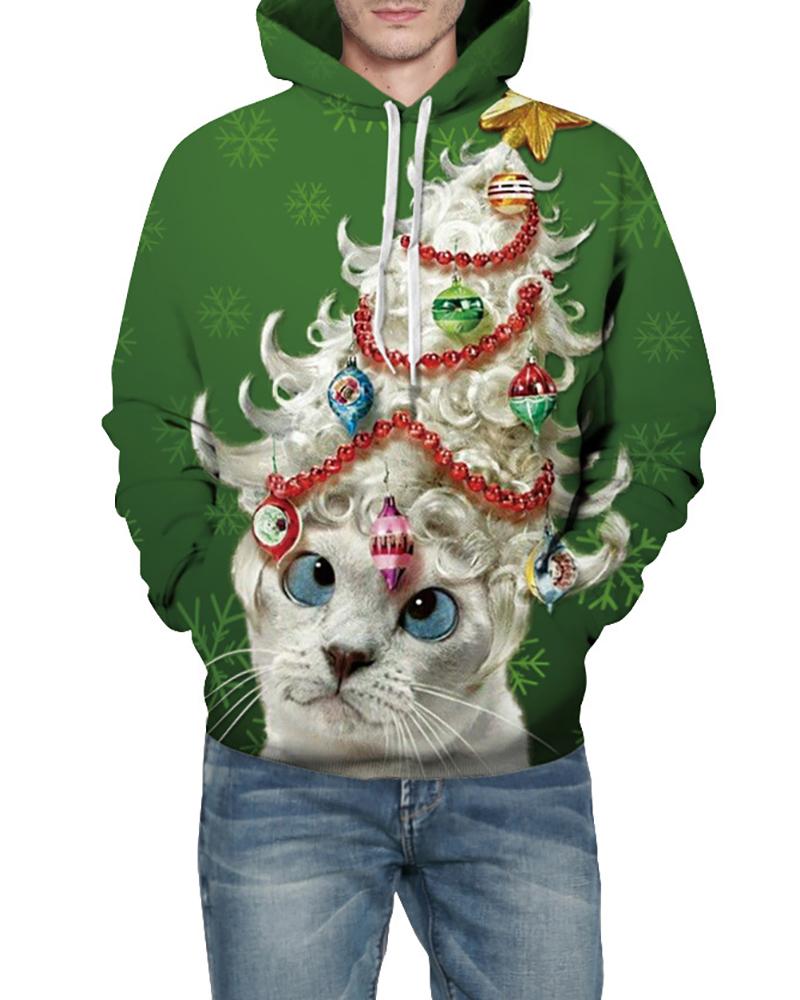 

Plus Size Christmas Cat Print Hooded Top, Green