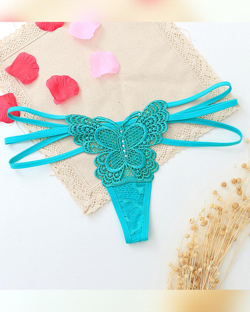 

Solid Lace Patch Skinny Cut-out T-string Panties, Green