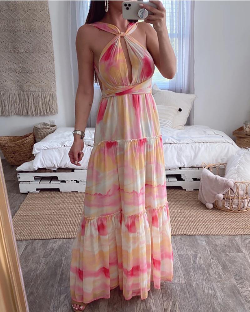 

Halter Cutout Front Frill Hem Tie Dye Print Dress, Pink