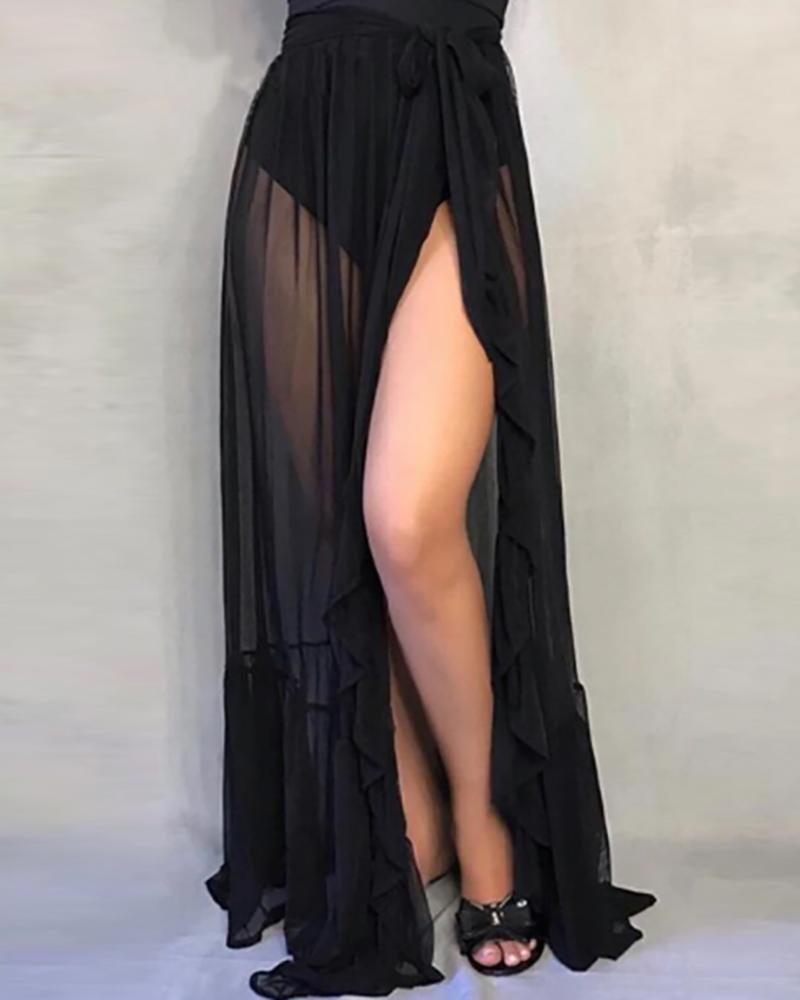 

Ruffles Sheer Mesh Beach Bikini Cover Ups Vacation Sunscreen Wrap Split Skirt, Style1