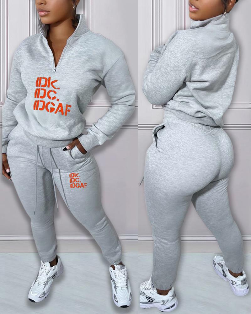 

Letter Print Fleece Lined Long Sleeve Top & Pants Set, Gray