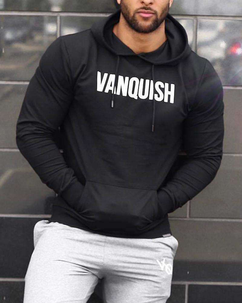 

Letter Printing Long Sleeve Hooded Sporty Sweatshirt, Black