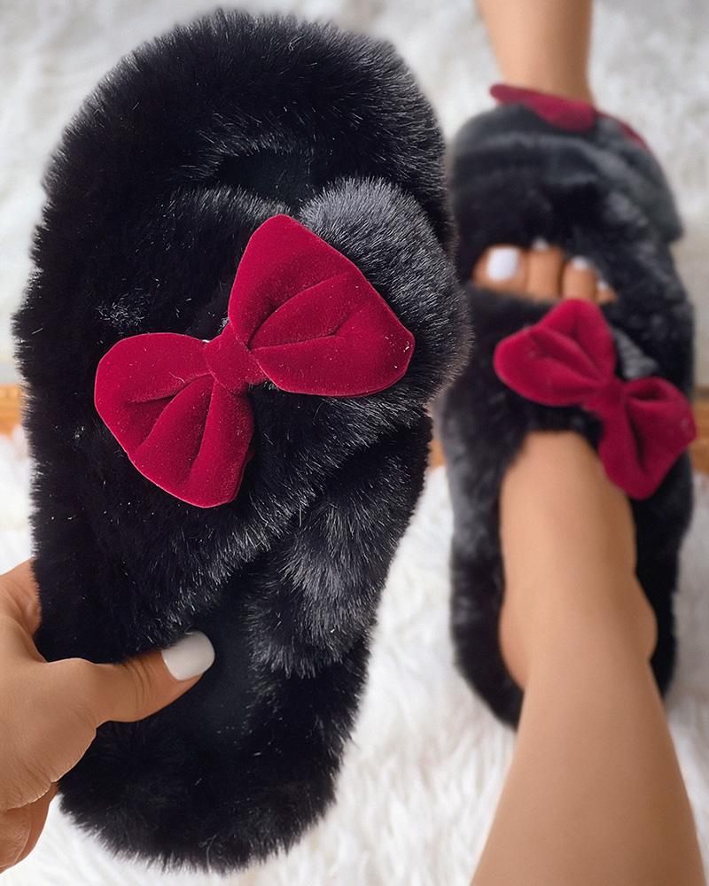 

Fuzzy Bowknot Decor Crisscross Slippers, Black