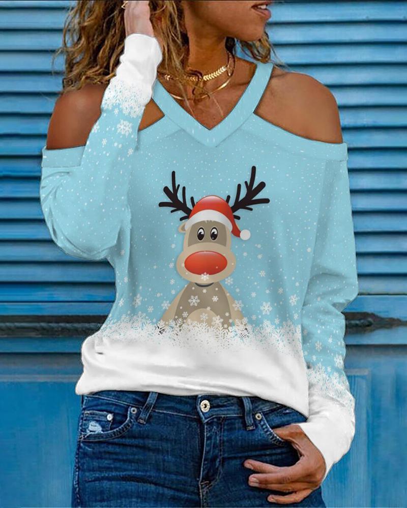 

Christmas Cold Shoulder Snowflake Elk Print Top, Lighted blue