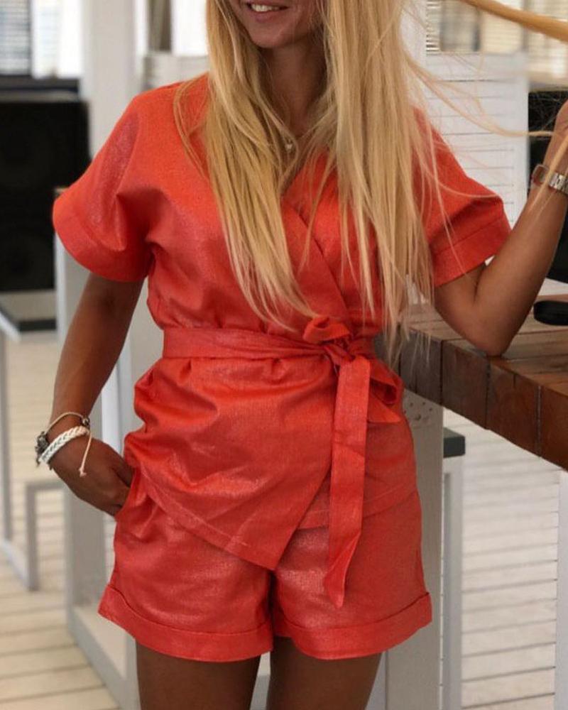 

V-Neck Short Sleeve Top & Pocket Design Shorts Set, Orange