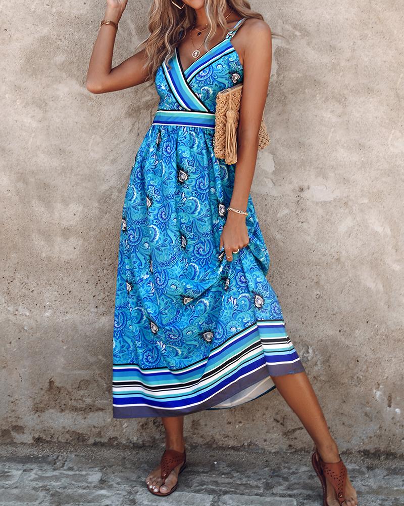 

Vestido con cuello en V y estampado de cachemira a rayas, Blue