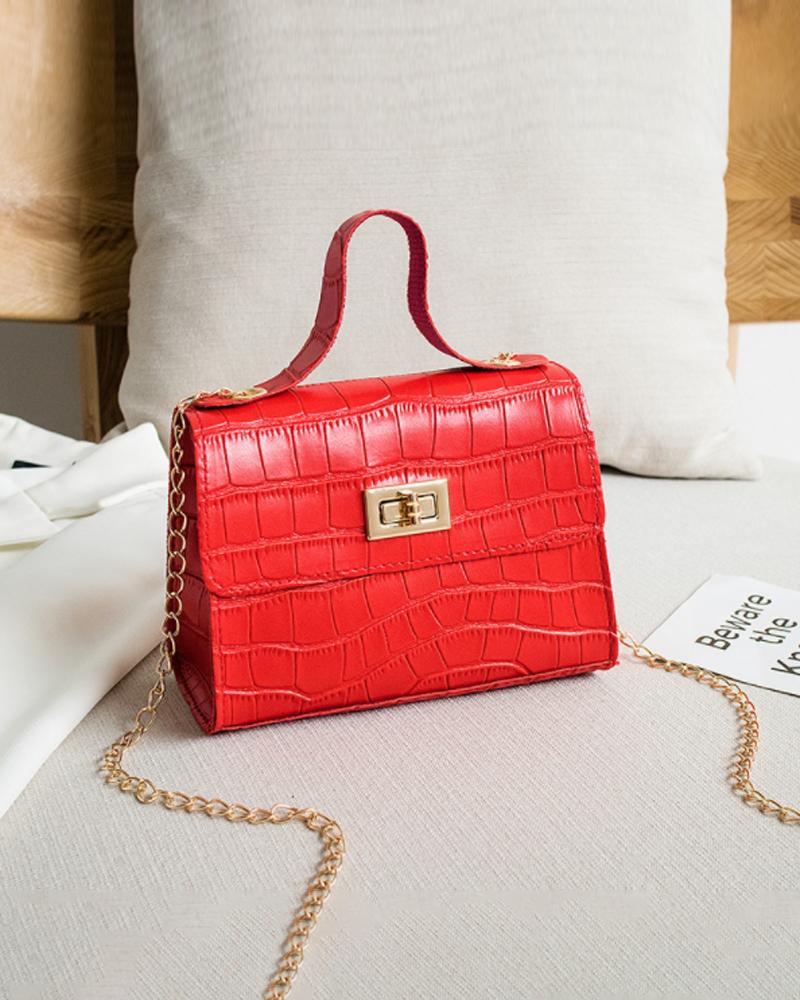 

Croc Embossed Twist Lock Flap Satchel Bag, Red