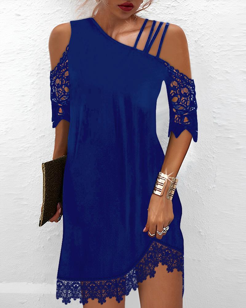 

Contrast Lace Cold Shoulder Casual Dress, Blue