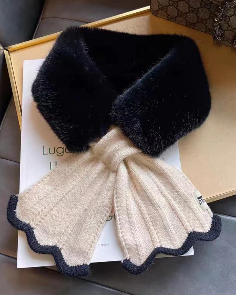 

1pc Colorblock Warm Soft Fuzzy Wrap Around Loophole Scarf, Black