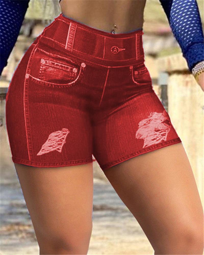 

Denim Look Print High Waist Butt Lifting Active Shorts, Red