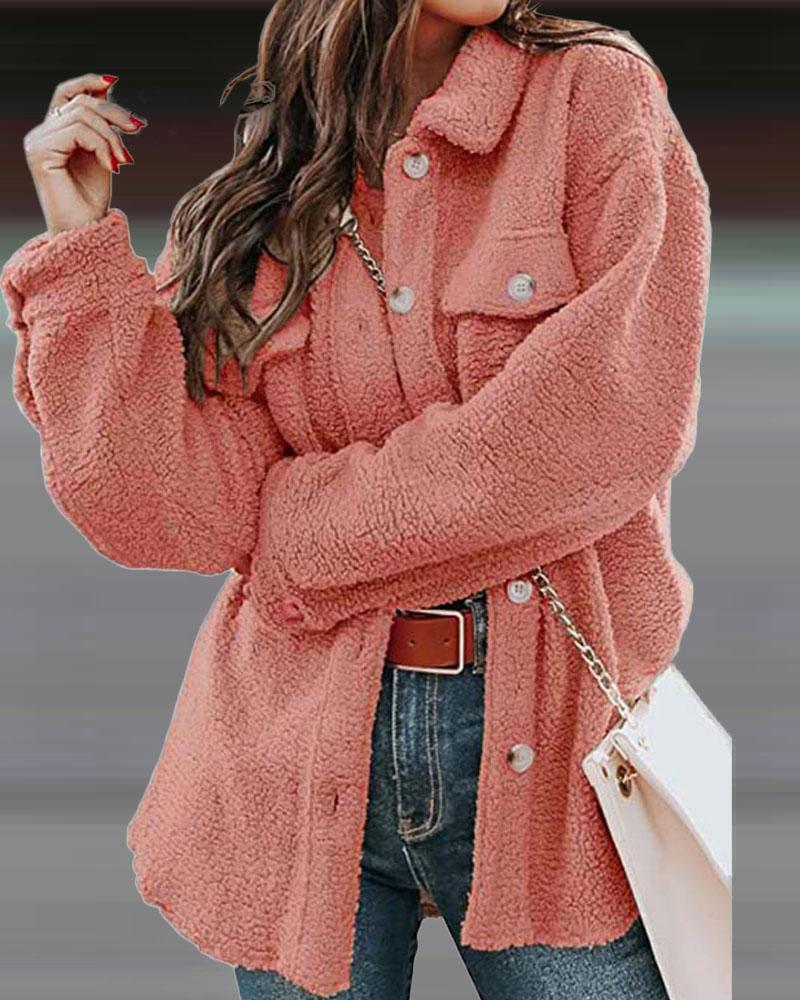 

Long Sleeve Button Down Teddy Shacket, Pink