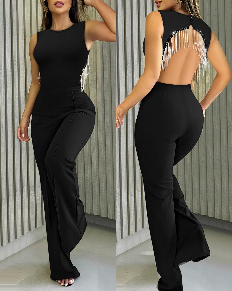 

Round Neck Sleeveless Rhinestone Chain Jumpsuit Casual Backless Loose Rompers, Black