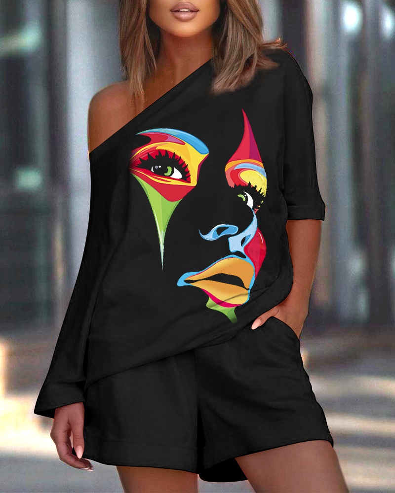 

Slash Neck Figure Print Sweatshirt & Pocket Design Shorts Set, Black