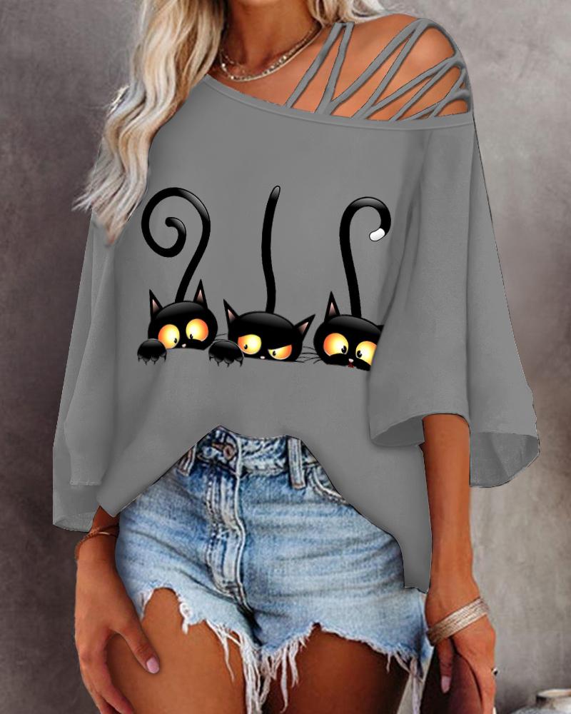 

Halloween Cat Print Cold Shoulder Bell Sleeve Top, Gray