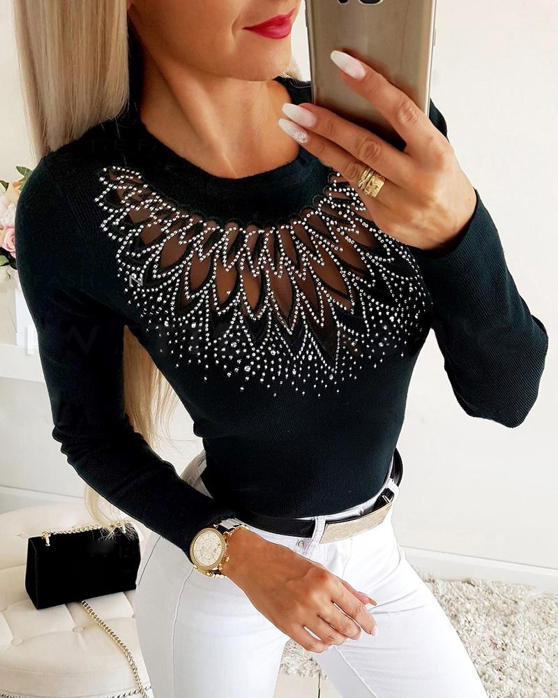 

Rhinestone Sheer Mesh Patch Long Sleeve Top, Black