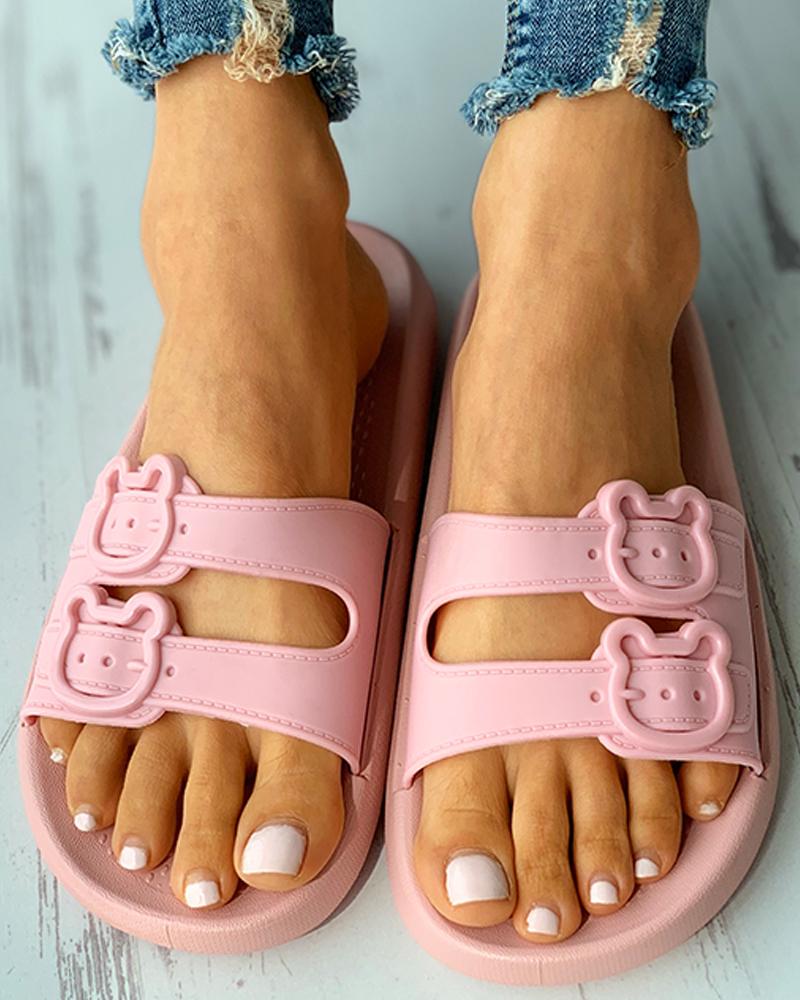 

Bear Pattern Buckled Flat Sandals, Pink
