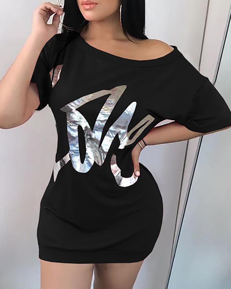 

Letter Print Round Neck Short Sleeve Top, Black