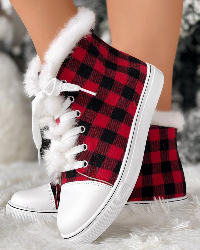 

Plaid Print Fuzzy Detail Lined Ankle Boots, Red