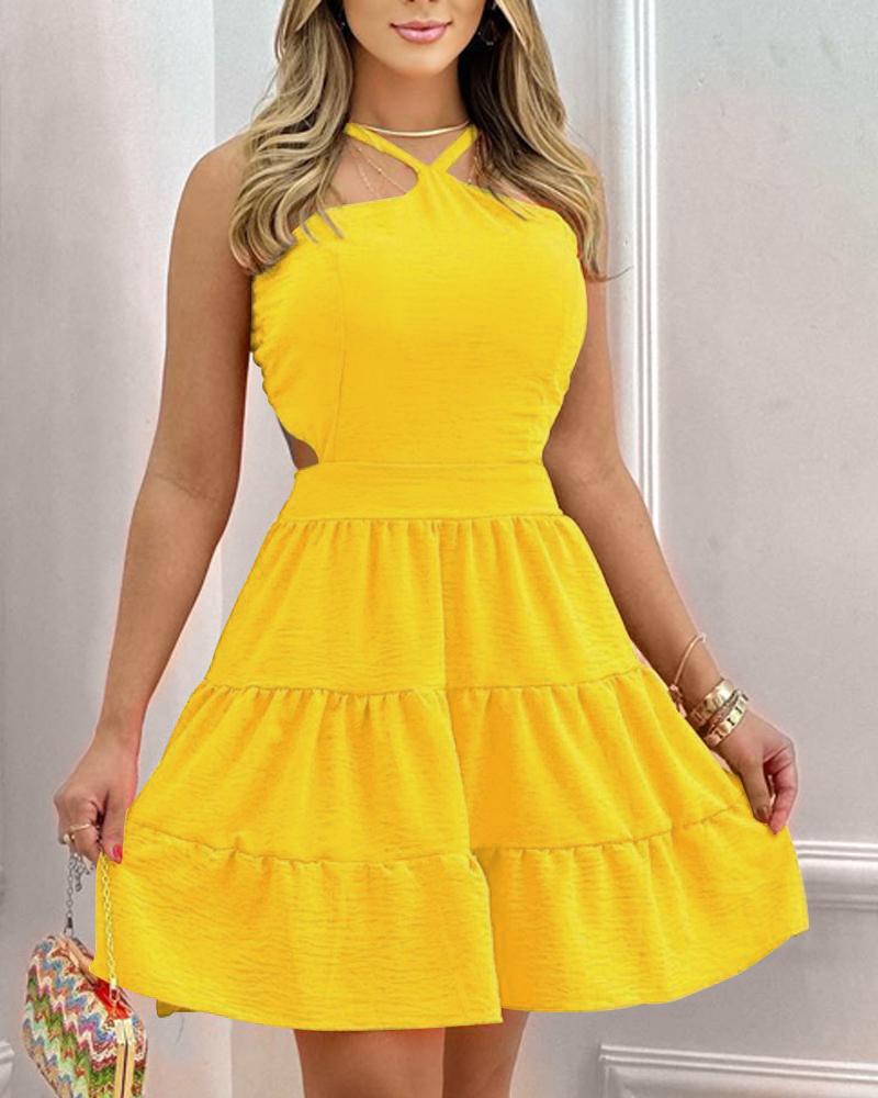 

Shirred Open Back Ruffle Hem Casual Dress, Yellow