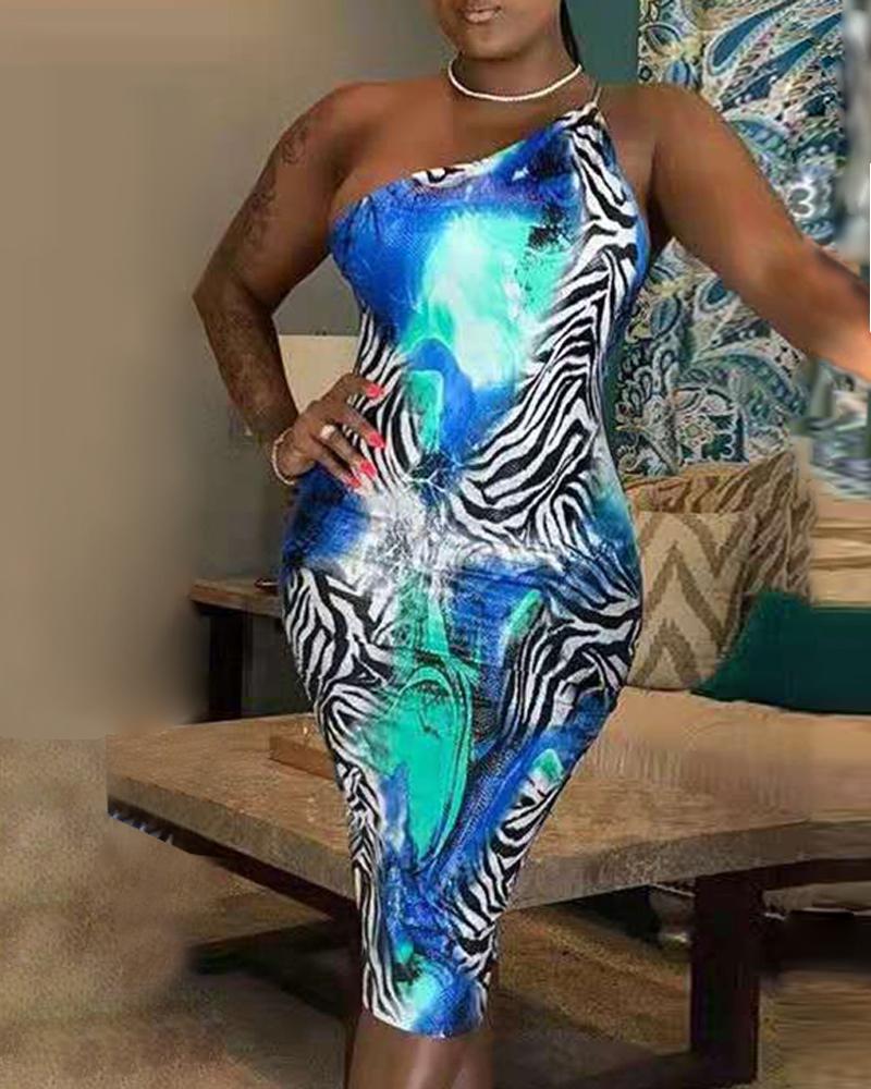 

Open Back One Shoulder Print Bodycon Dress, Blue