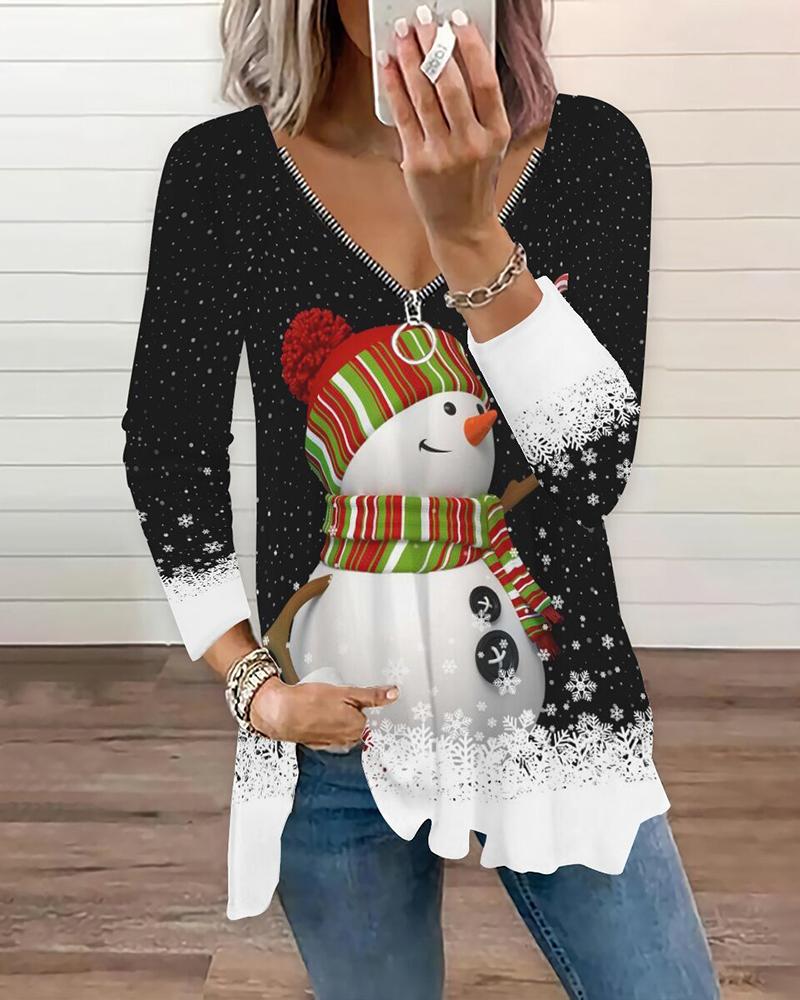 

Christmas Snowman Print Zipper Design Top, Black