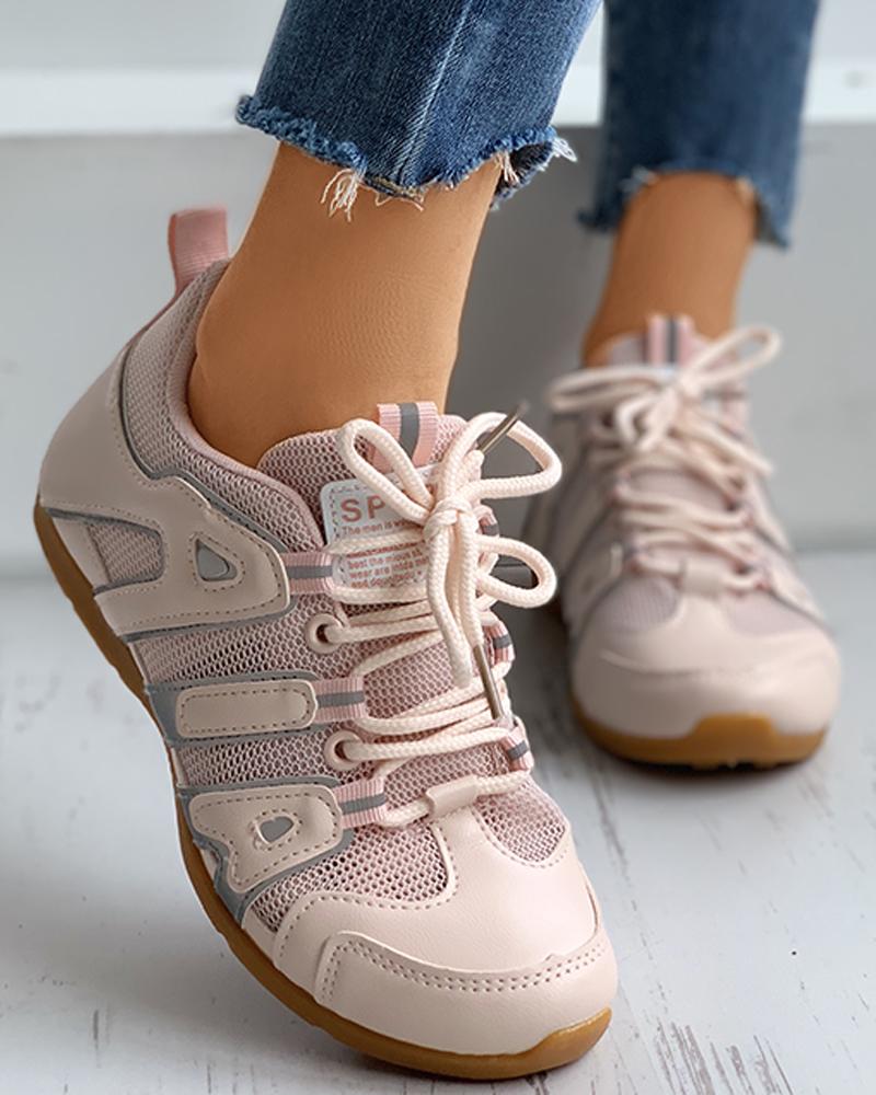 

Letter Pattern Colorblok Lace-Up Sneakers, Pink
