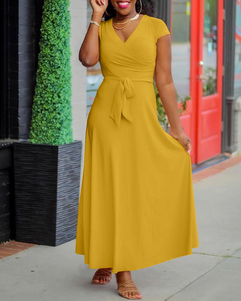 

Plus Size Short Sleeve Surplice Neck Belted Maxi Dress, Yellow