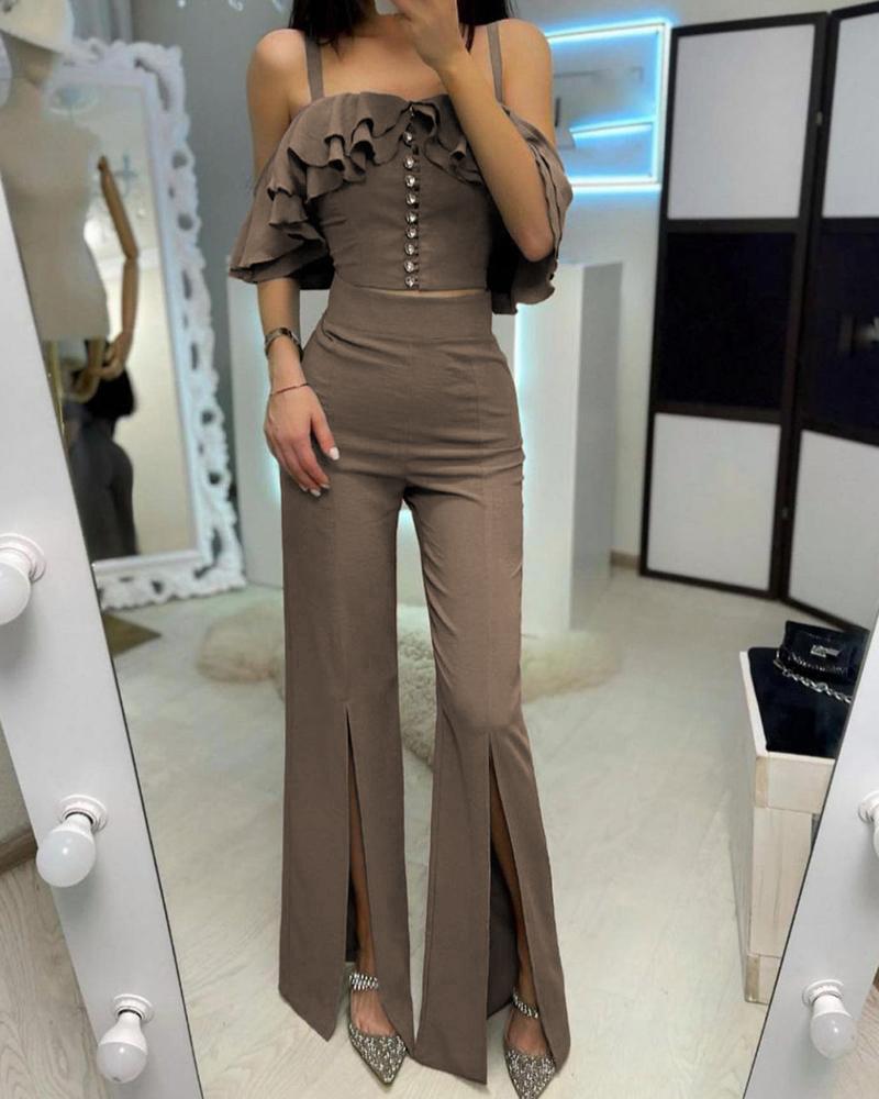 

Cold Shoulder Ruffles Top & Slit Bootcut Pants Set, Coffee