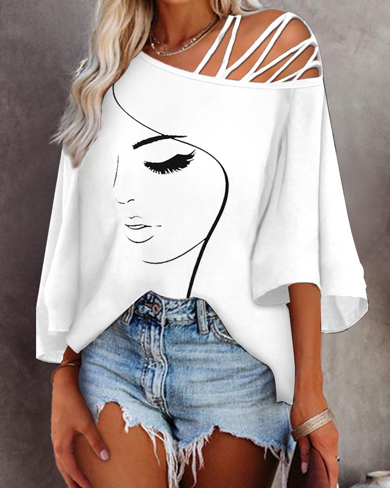 

Abstract Figure Print Cold Shoulder Bell Sleeve Top, White