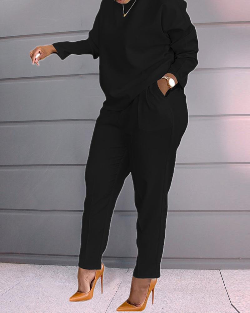 

Long Sleeve Top & Pocket Design Pants Set, Black