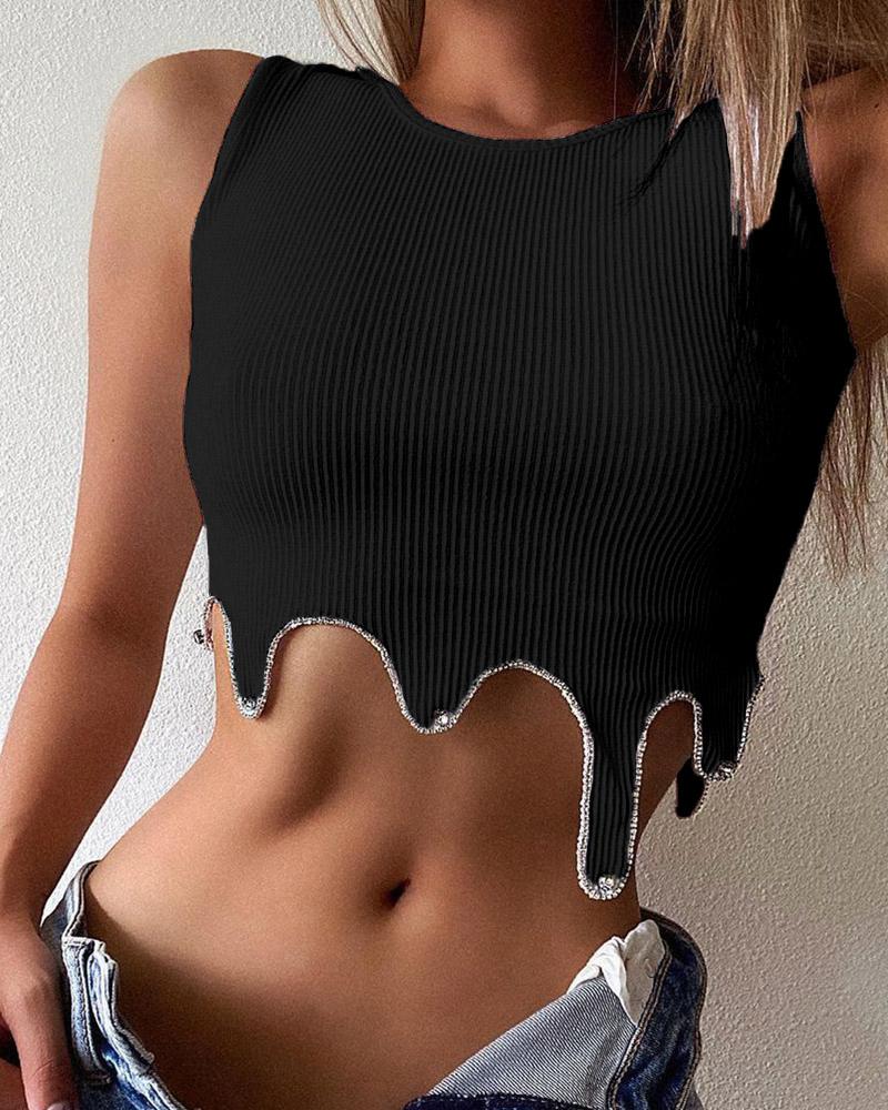 

Studded Irregular Trim Ribbed Crop Top, Black