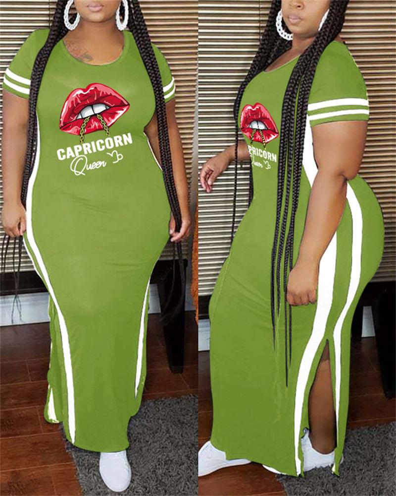 

Plus Size Lip Letter Print Split Hem Maxi Dress, Green