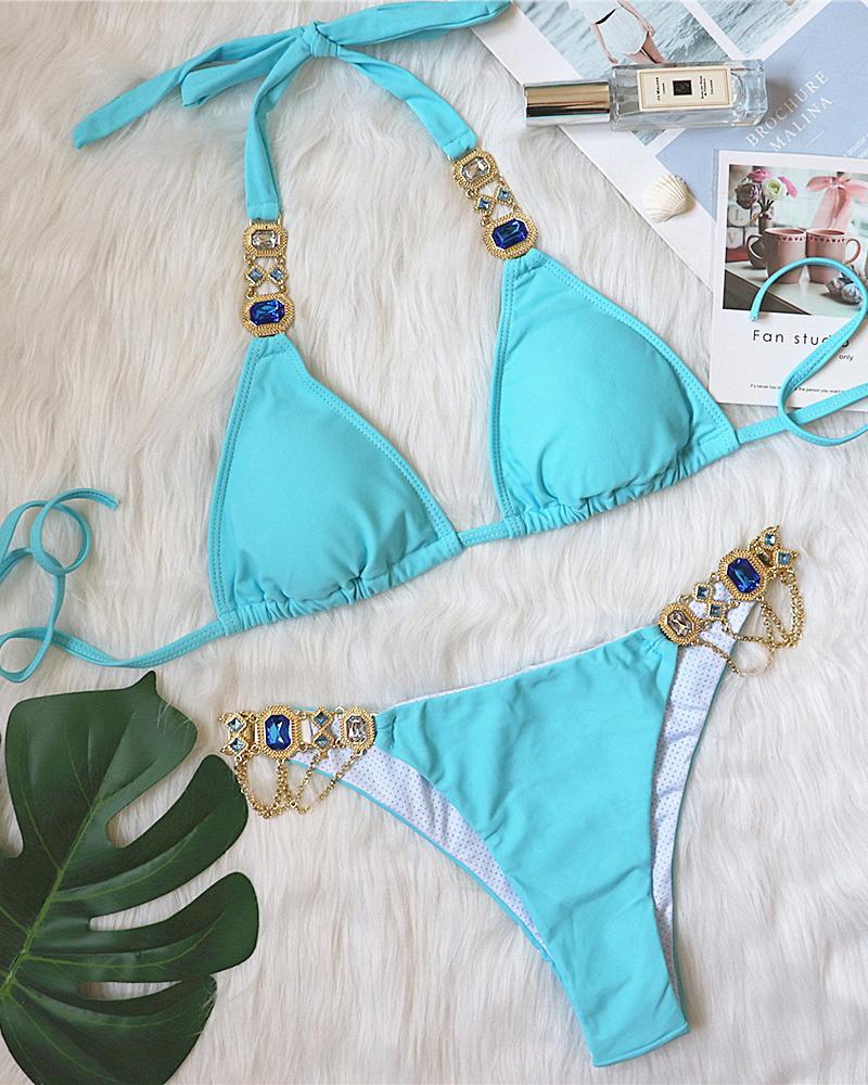 

Rhinestone Chain Decor Tied Detail Bikini Set, Blue