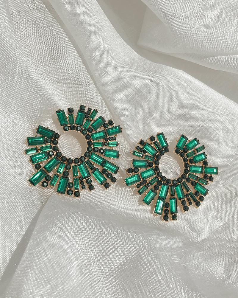 

1Pair Sunflower Shaped Colorful Rhinestone Earrings, Green