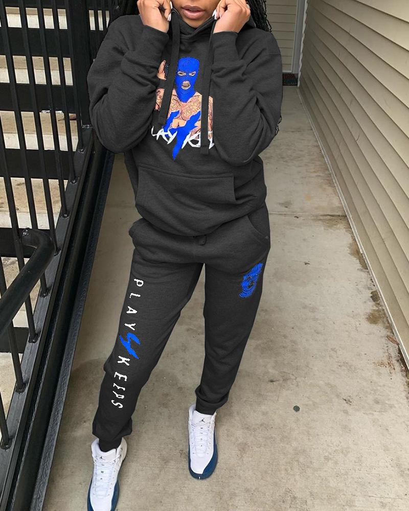

Letter Figure Print Hooded Top & Pockets Pants Set, Black