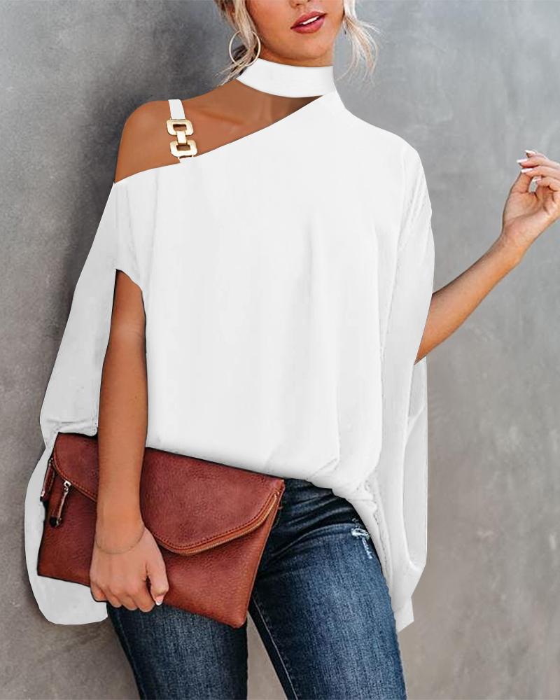 

Chain Strap Cold Shoulder Cape Design Top, White