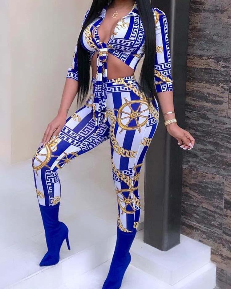 

Chain Print Knot Front Top&Pants Set, Blue