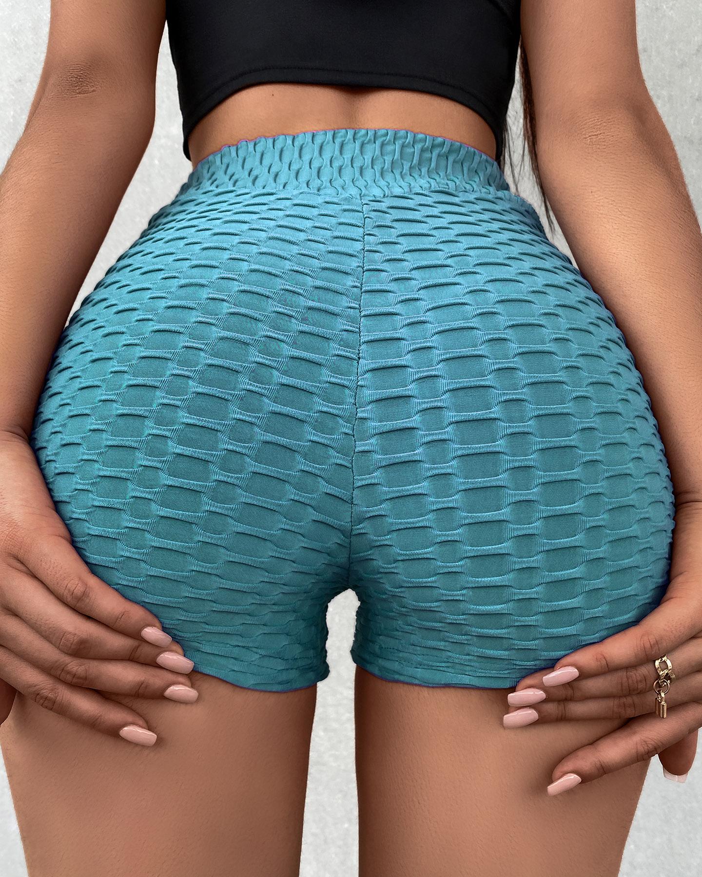 

High Waist Booty Shorts Butt Lifting Bubble Textured Yoga Shorts, Lighted blue