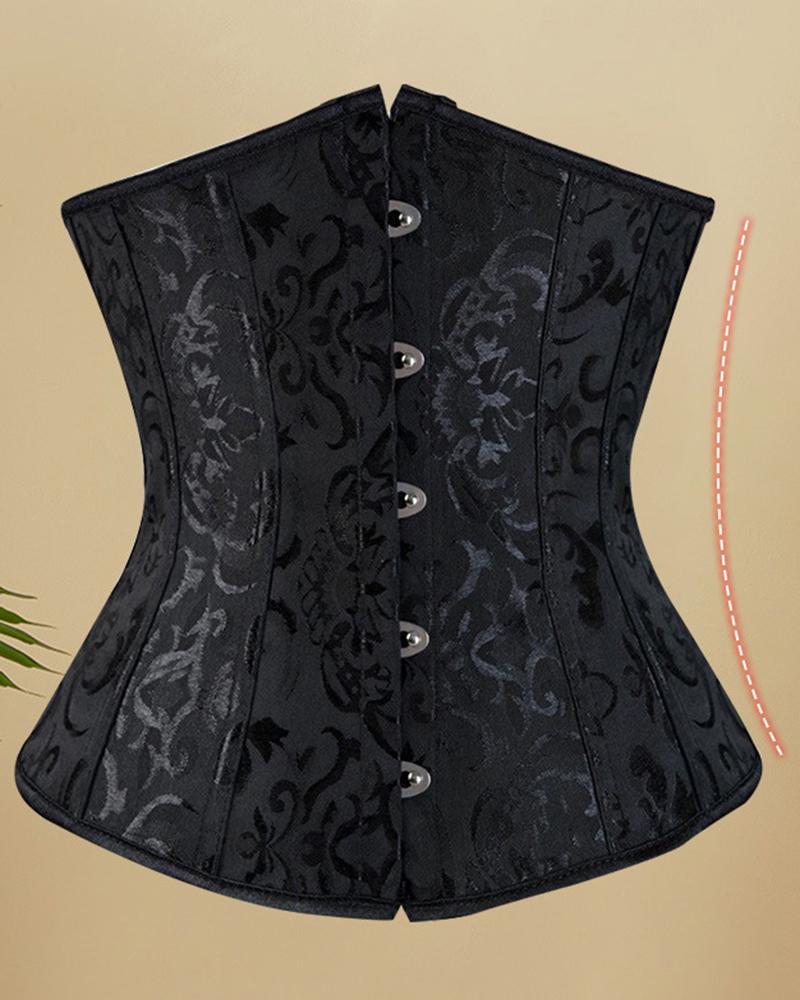 

Baroque Pattern Tummy Control Boned Bustier Corset Lace-up Back Shapewear Top, Black