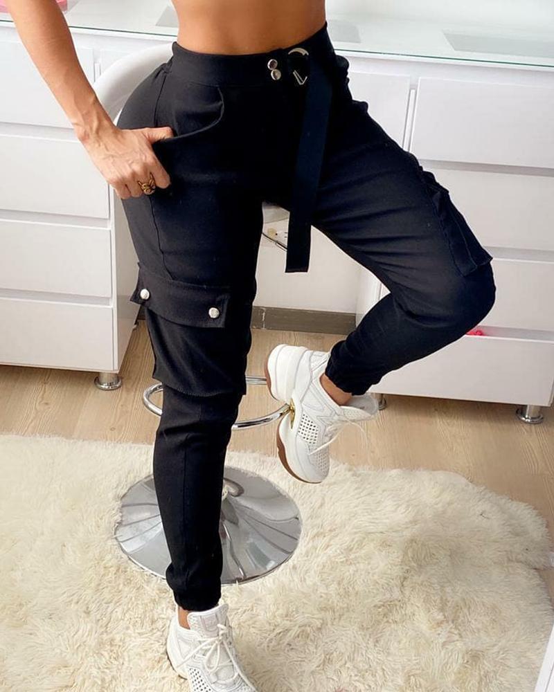 

O-Ring Tape Solid Pocket Design Cargo Pants, Black